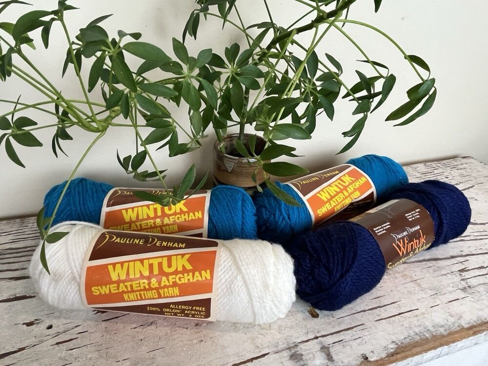 Vintage 1970’s Wool Yarn Lot Of 4 Multiple Colors NOS Aqua, Dark Blue & White